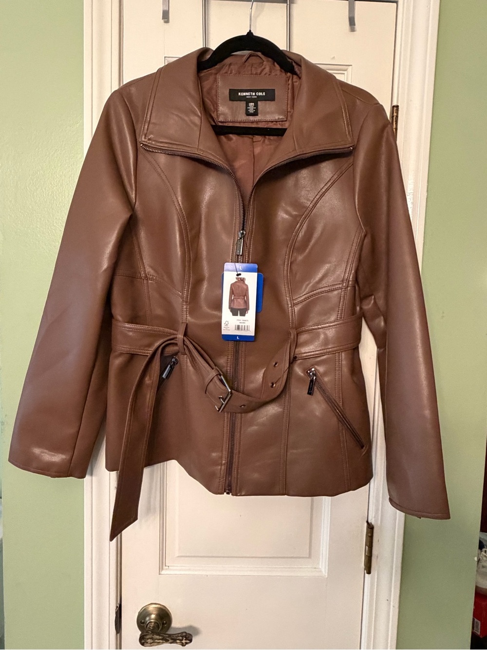Kenneth Cole Brown Faux Leather Zip-Belt Jacket